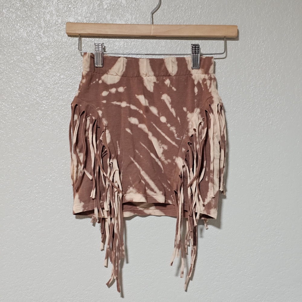 Fashion Nova Brown Tie-Dye Fringe Mini Skirt